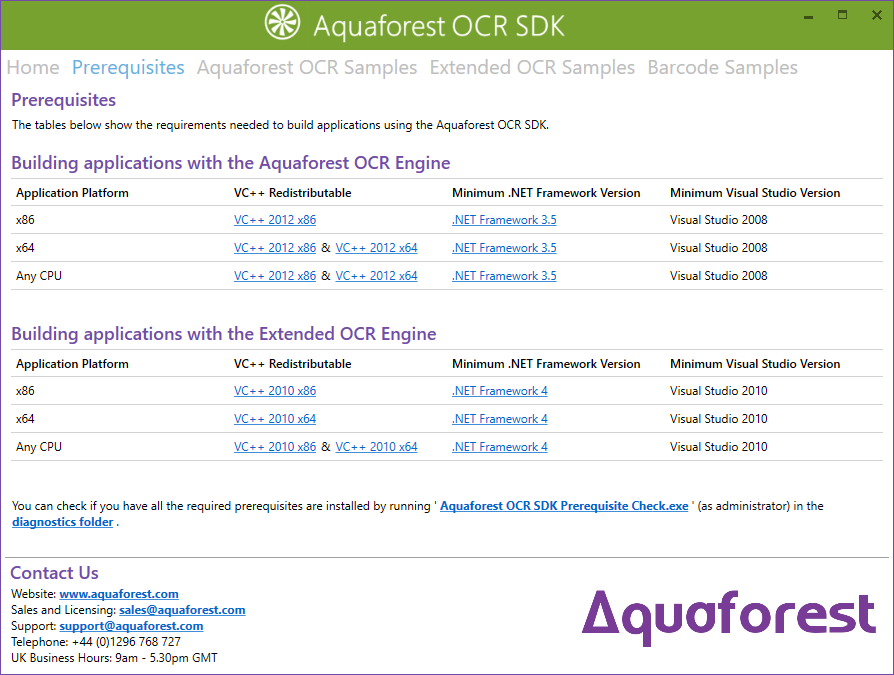 Aquaforest OCR SDK Prerequisites