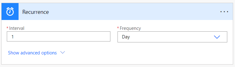 Power Automate Recurrence step showing an interval and frequency of one day
