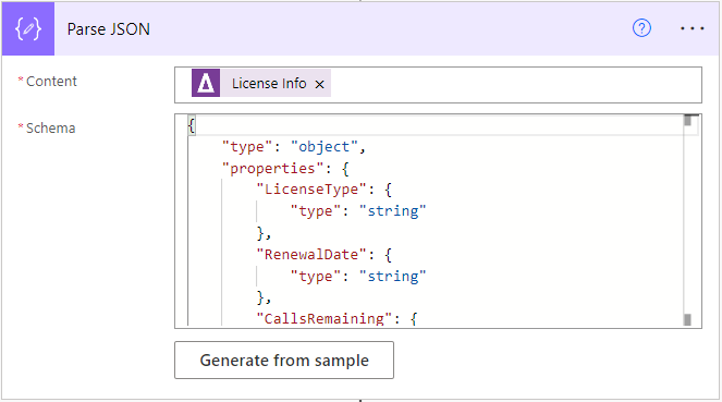 Power Automate Parse JSON step to parse the LicenseInfo