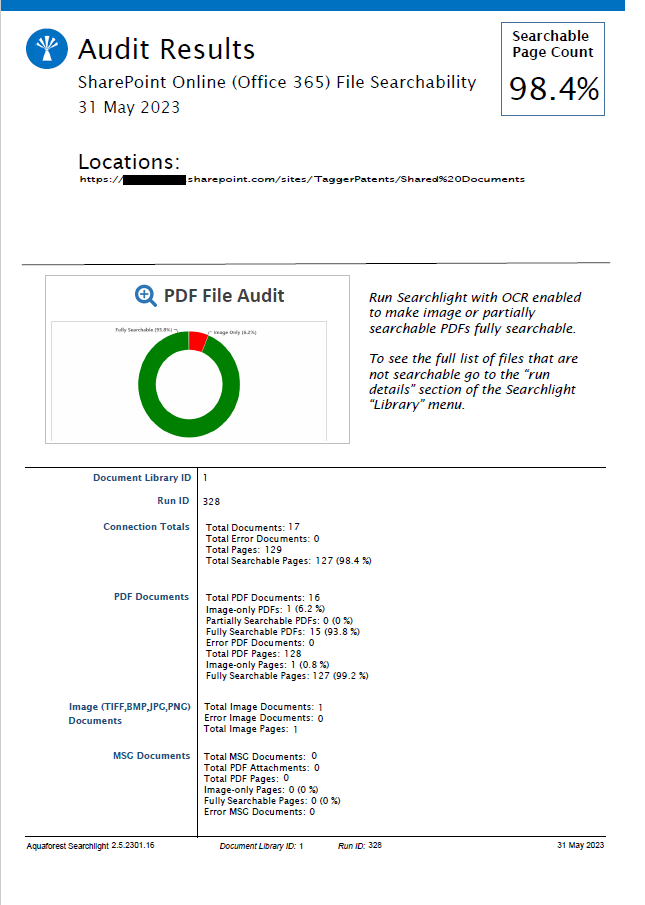 Searchlight audit report showing the number of image, partially searchable, searchable and error PDFs.